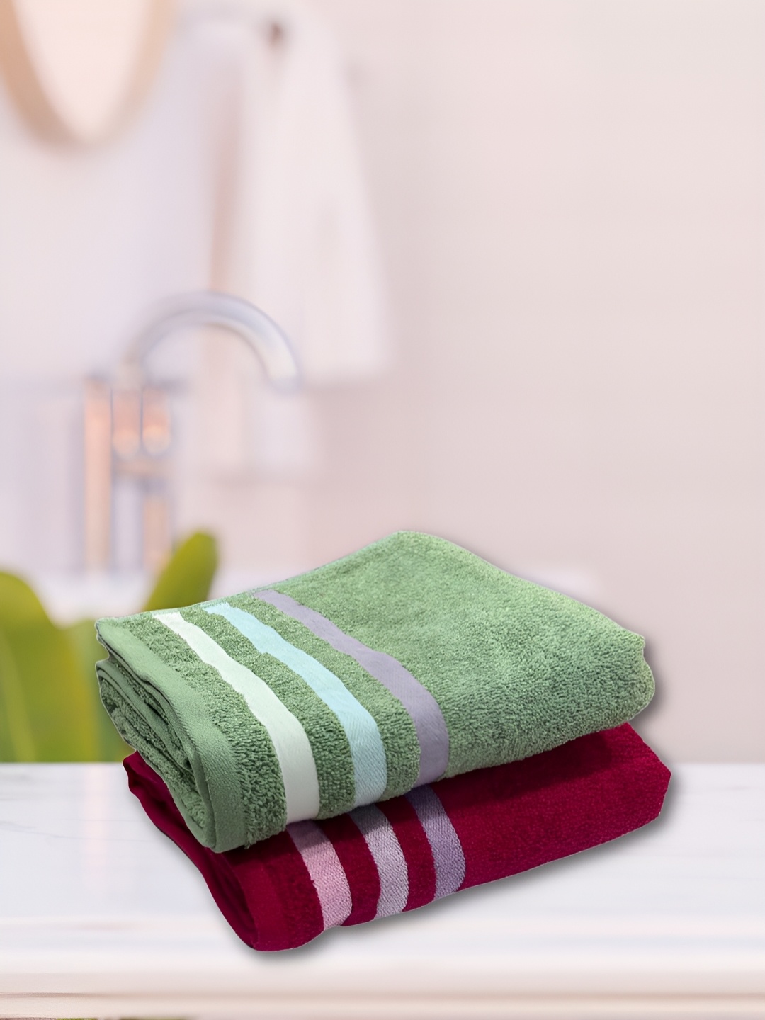 

eurospa Red & Green 2 Pieces Striped Terry Cotton 480 GSM Towel Set