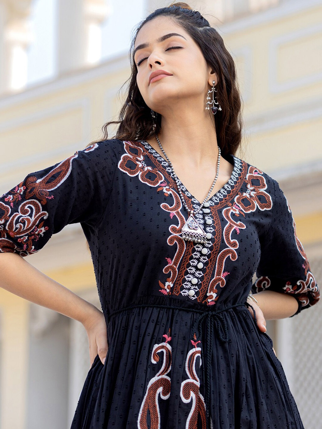 

Vishudh Navy Blue Self Design V-Neck Embroidered Tie Up Cotton Fit & Flare Dress, Black