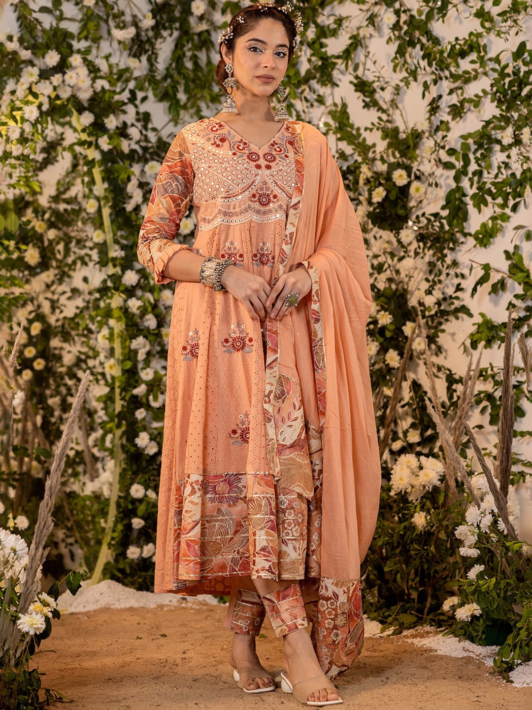 

Vishudh Peach Ethnic Motifs Embroidered Regular Pure Cotton Kurta With Trousers & Dupatta