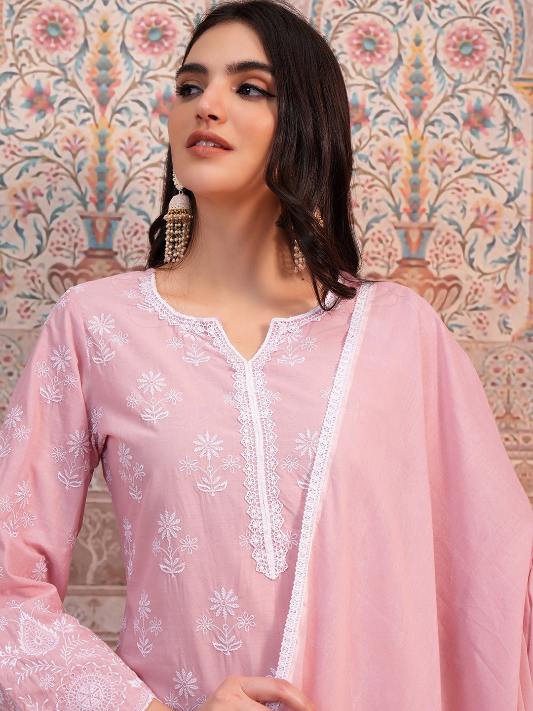 

Vishudh Pink Floral Thread Work Pure Cotton Notched Neck Kurta &Trouser & Dupatta