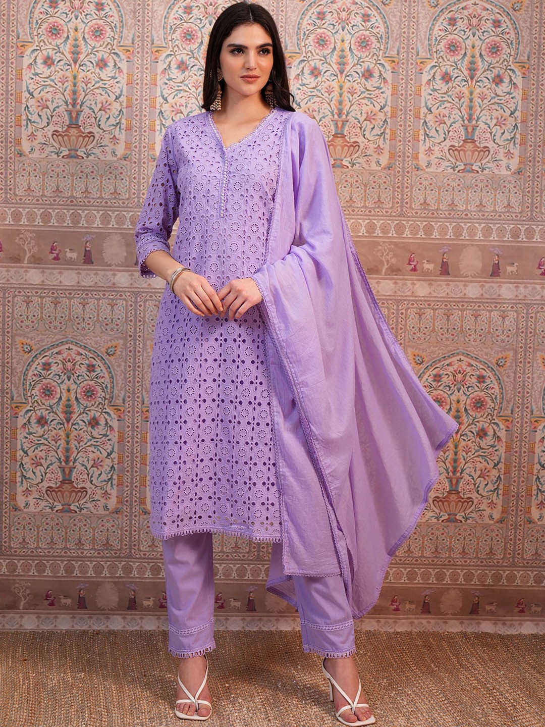 

Vishudh Purple Ethnic Motifs Embroidered Thread Work Pure Cotton Kurta & Trouser & Dupatta