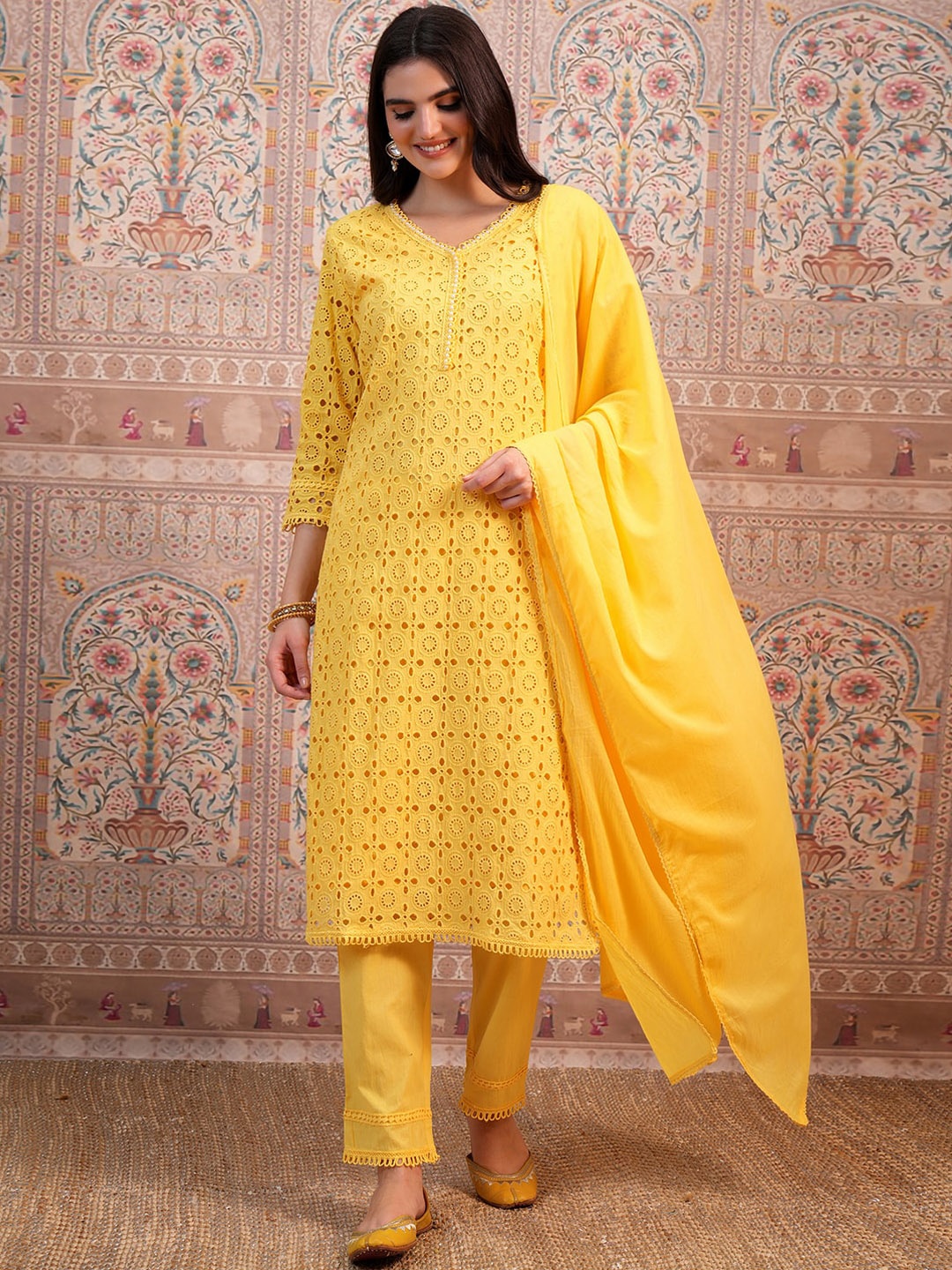 

Vishudh Floral Embroidered Thread Work Pure Cotton Kurta & Trousers With Dupatta, Yellow