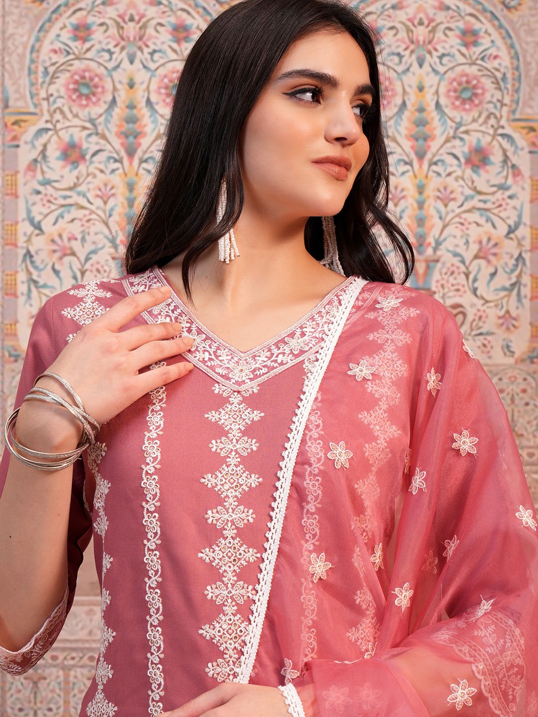 

Vishudh Rose Ethnic Motifs Embroidered Regular Kurta With Trousers & Dupatta