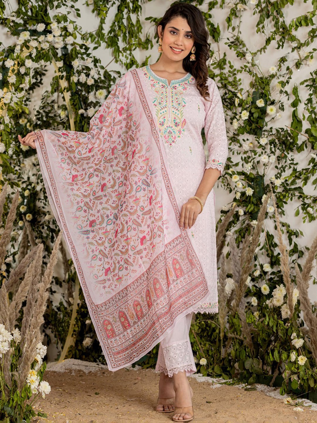 

Vishudh Pink Floral Embroidered Regular Pure Cotton Kurta With Trousers & Dupatta