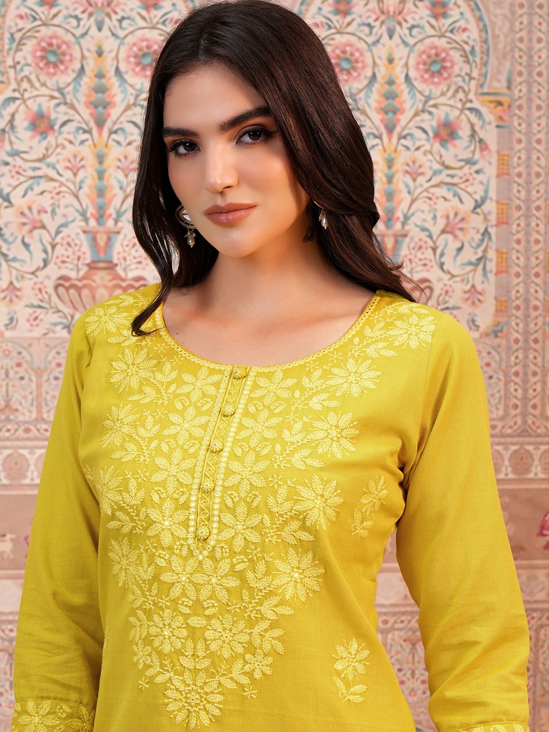 

Vishudh Women Ethnic Motifs Embroidered Straight Cotton Kurta, Mustard