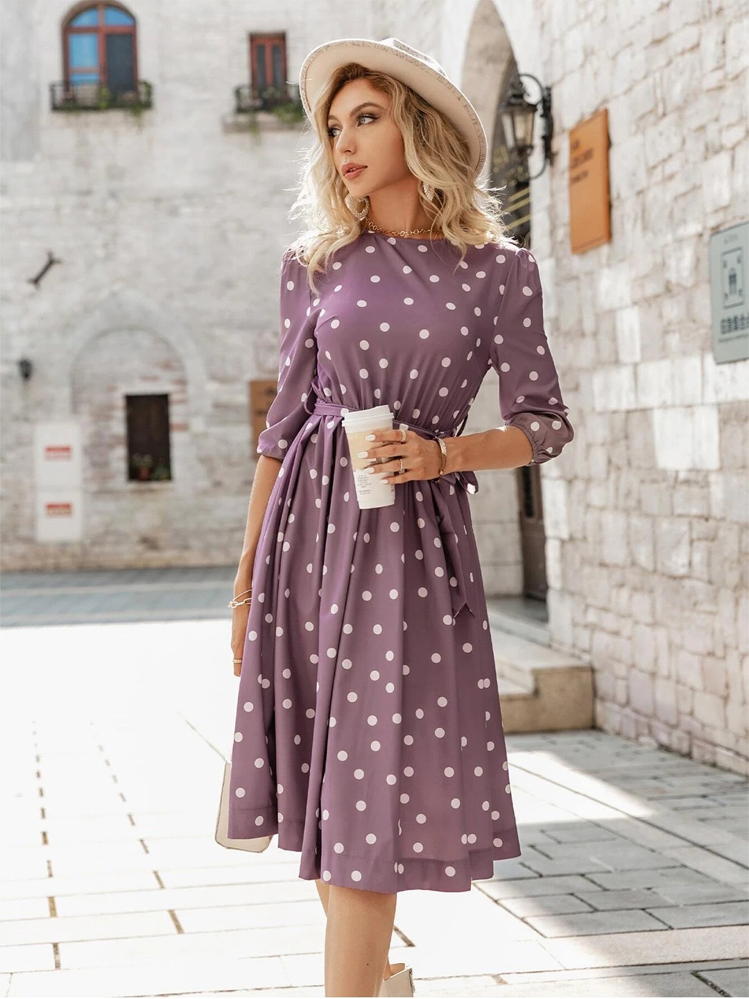 

BAESD Polka Dot Printed Fit & Flare Dress With Belt, Purple