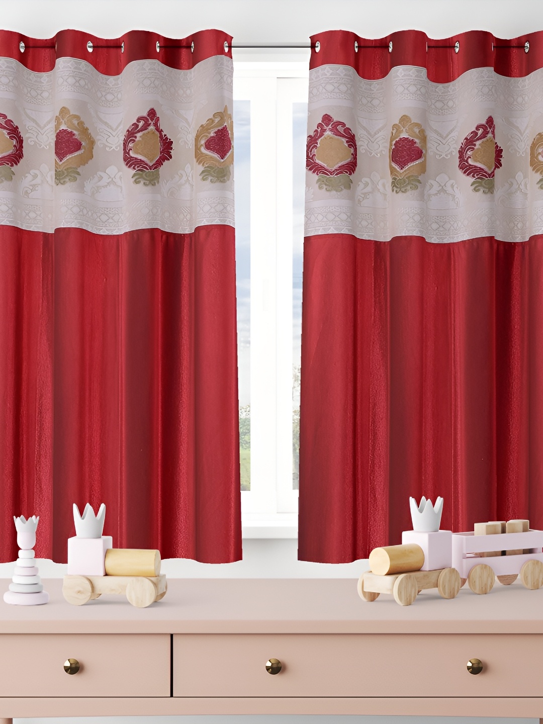 

Galaxy Home Decor Maroon Floral Eyelet Room Darkening Window Curtain