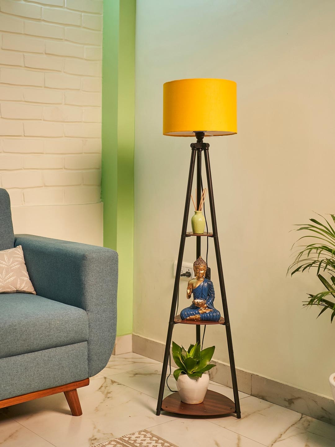 

Crosscut Yellow & Black Metal Cylinder Shaped Floor Lamp With Shelves