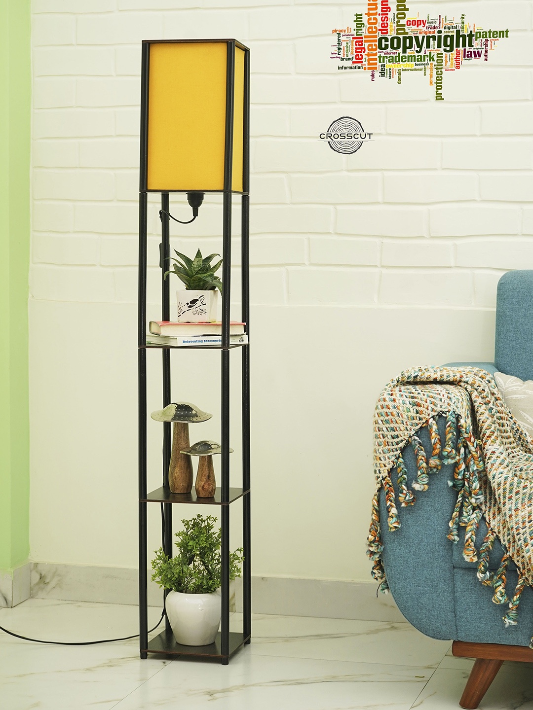 

Crosscut Yellow & Black Metal Tower Floor Lamp With Shelves