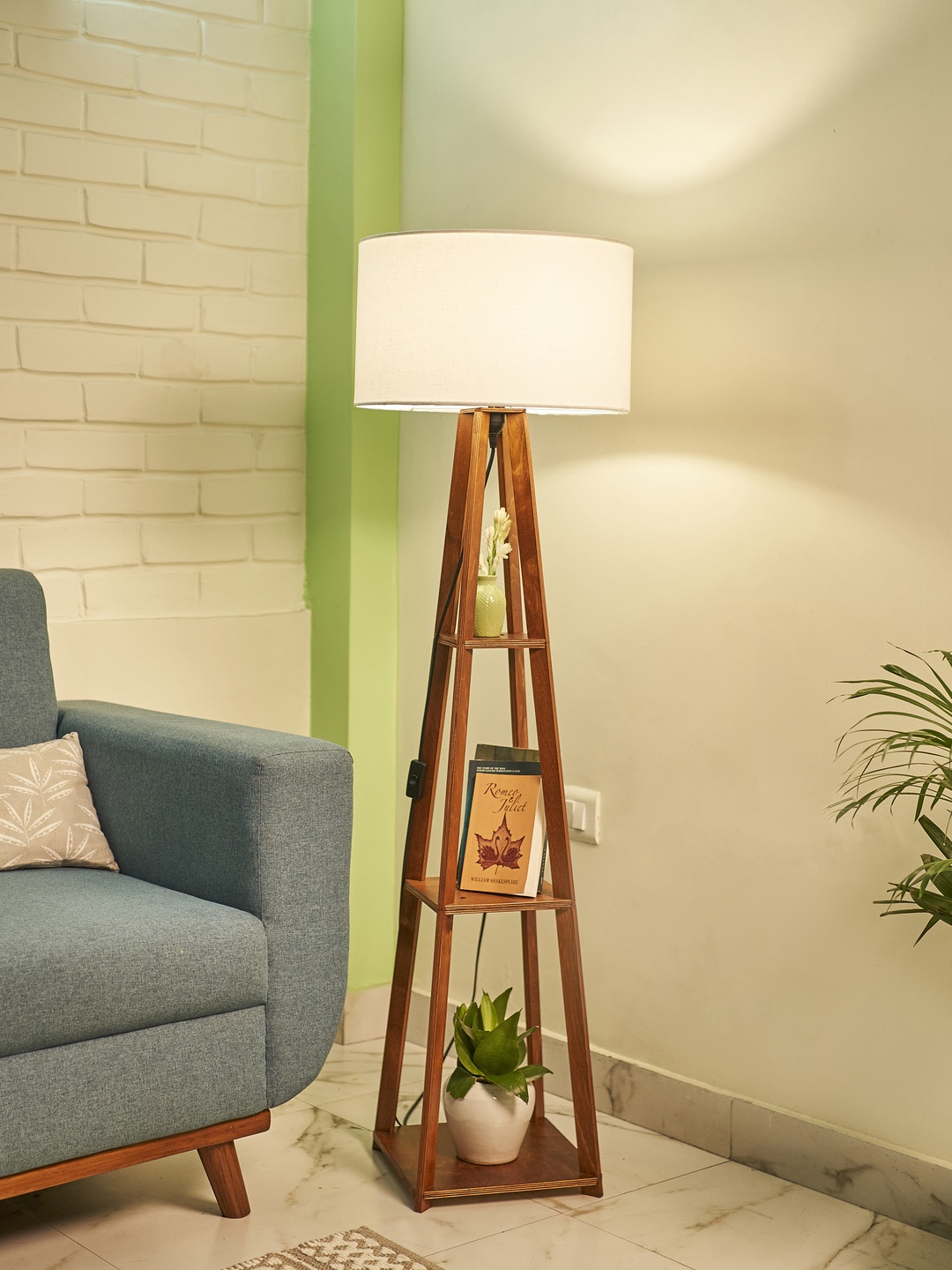 

Crosscut White & Brown Wooden Cylinder Shaped Floor Lamp With Shelves