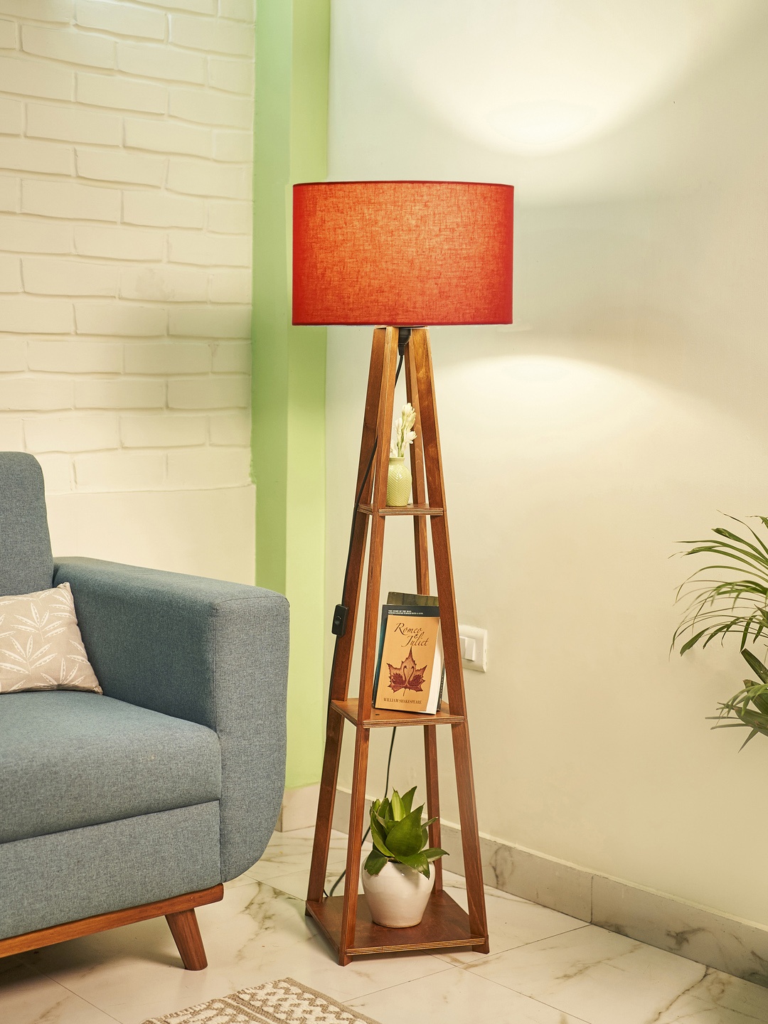 

Crosscut Red & Brown Wooden Cylinder Shaped Floor Lamp With Shelves
