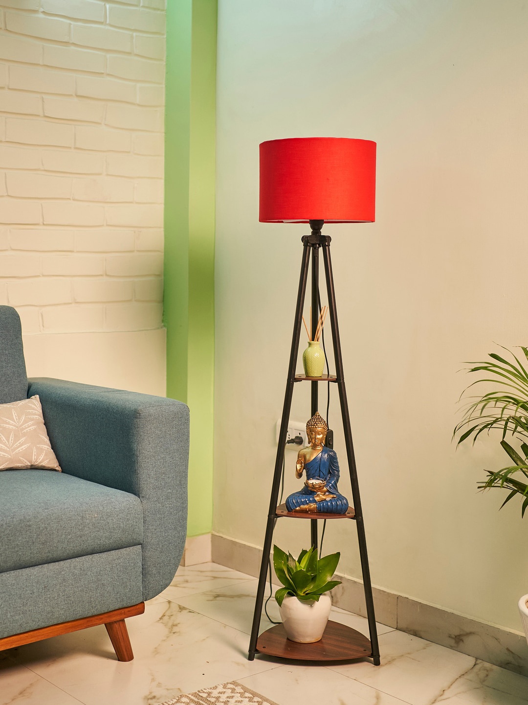 

Crosscut Red & Black Metal Cylinder Shaped Floor Lamp With Shelves
