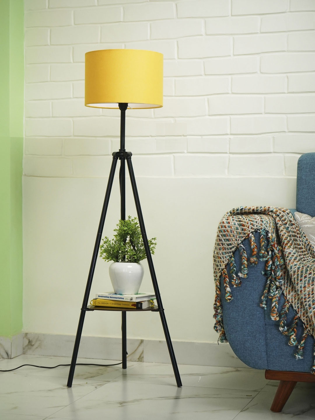 

Crosscut Yellow & Black Metal Cylinder Shaped Floor Lamp With Shelves