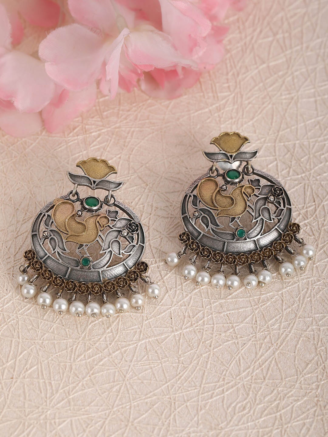 

Anouk Silver-Plated Stone-Studded & Beaded Contemporary Oxidised Drop Earrings