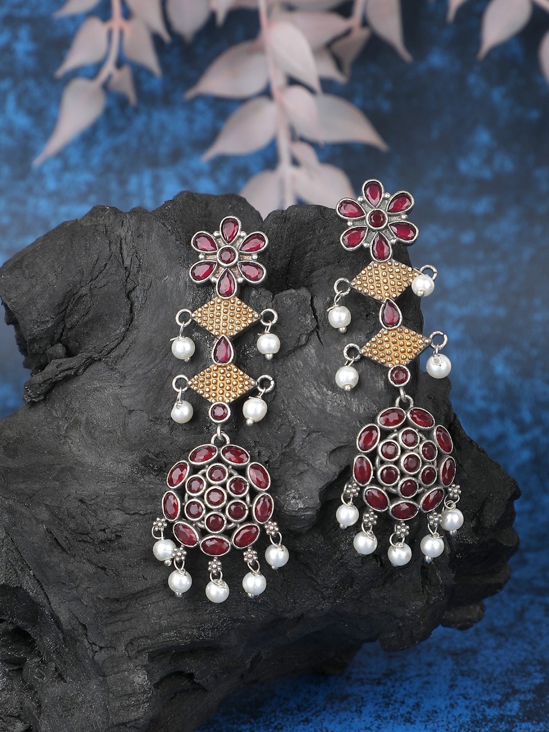 

Anouk Silver-Plated Stone-Studded & Beaded Contemporary Oxidised Drop Earrings