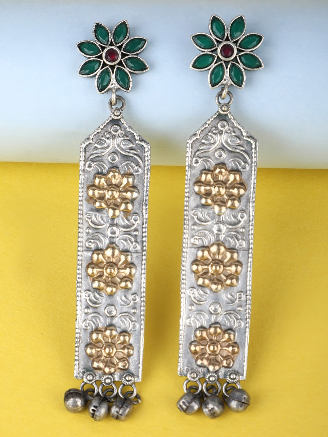 

Anouk Silver-Plated Stone-Studded & Beaded Contemporary Oxidised Drop Earrings