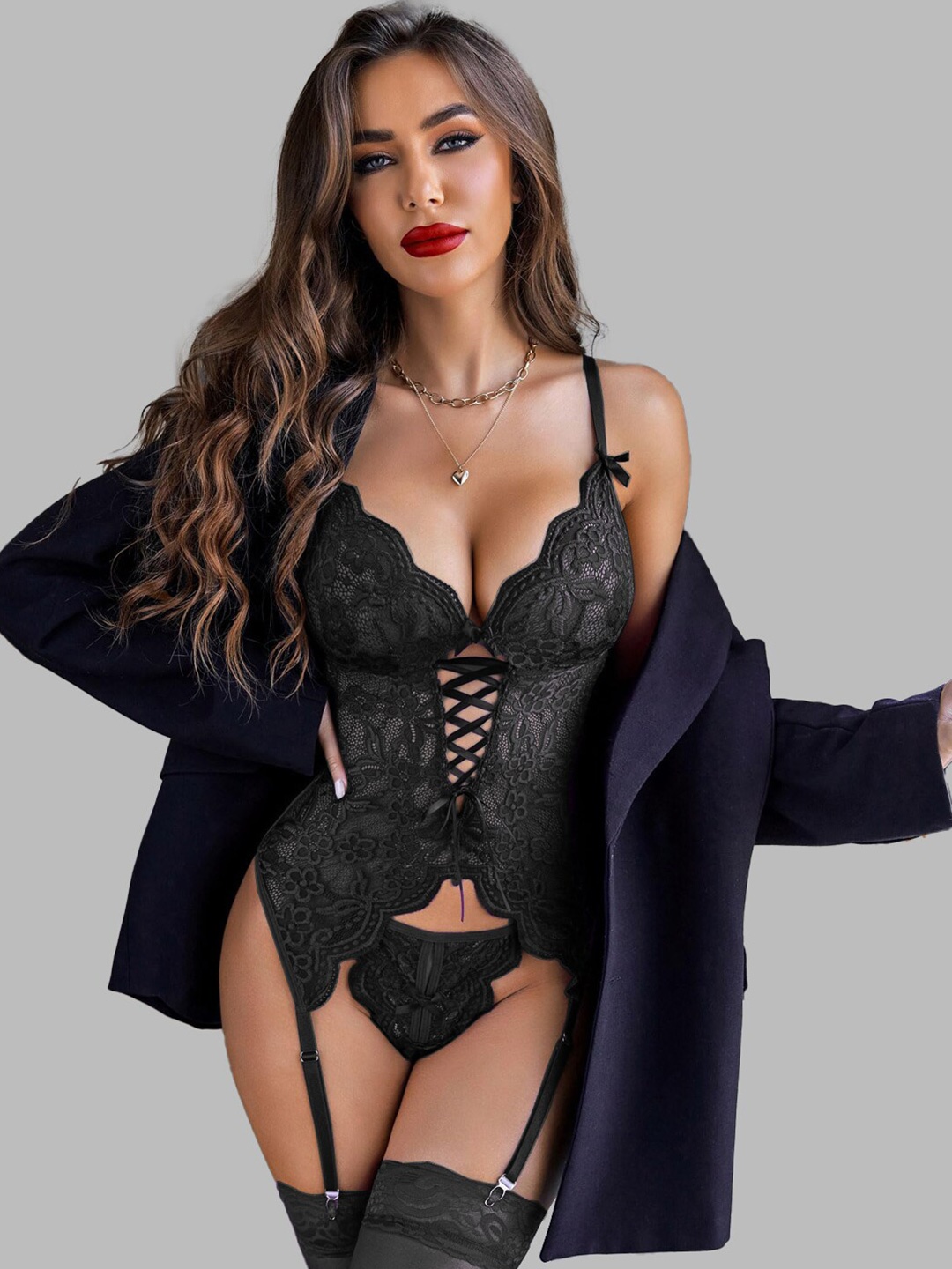 

FIMBUL Self Design Shoulder Straps Net Lace Baby Doll, Black