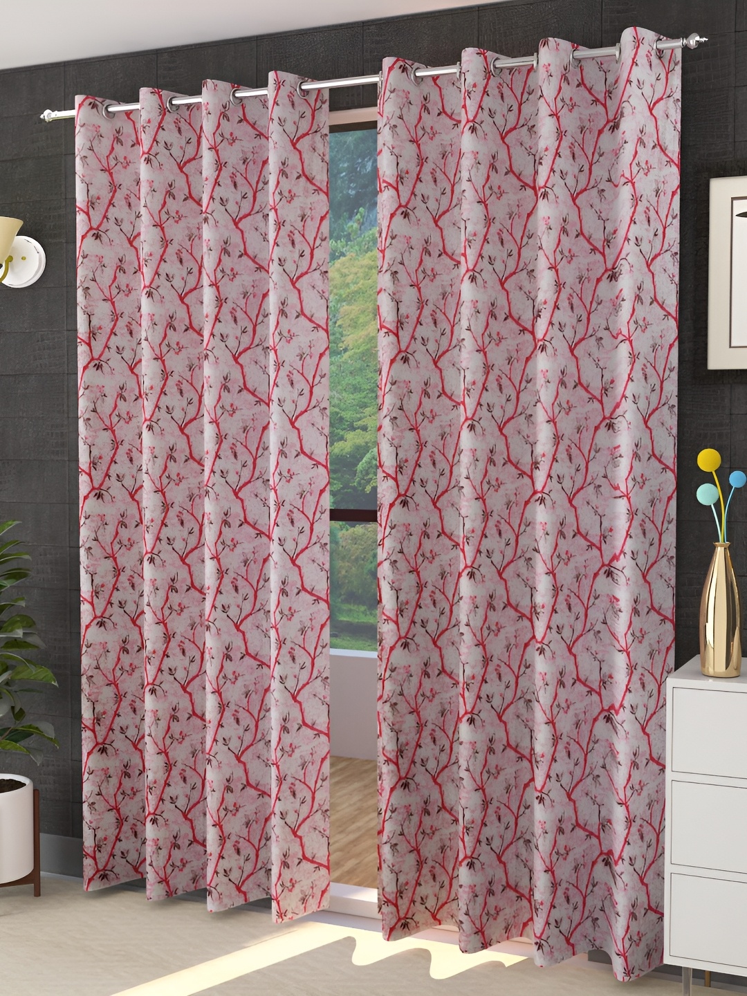 

Galaxy Home Decor Maroon & Grey 2Pcs Floral Room Darkening Window Curtains