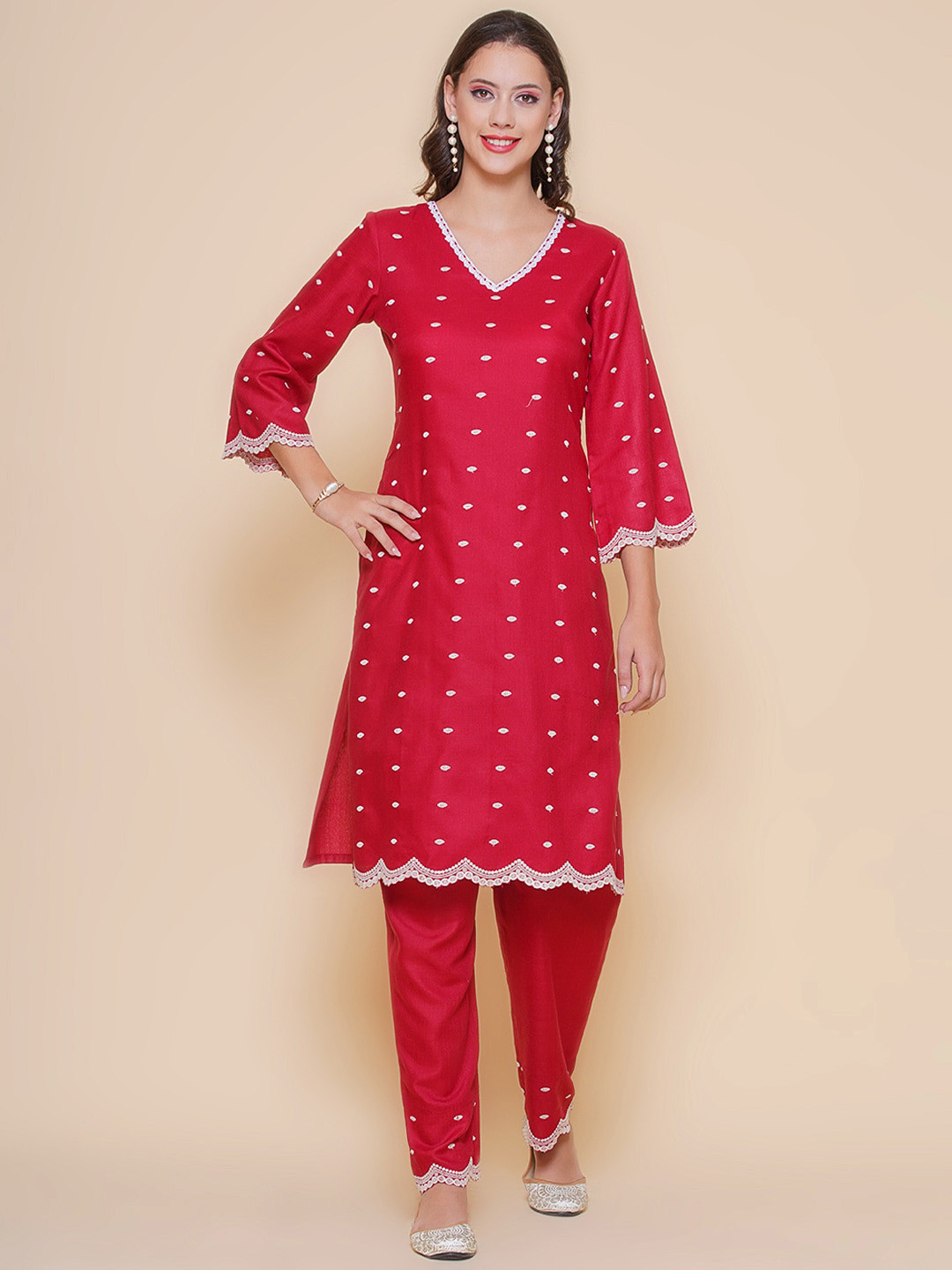 

Bhama Couture Ethnic Motifs Embroidered Straight Thread Work Kurta with Trousers, Maroon