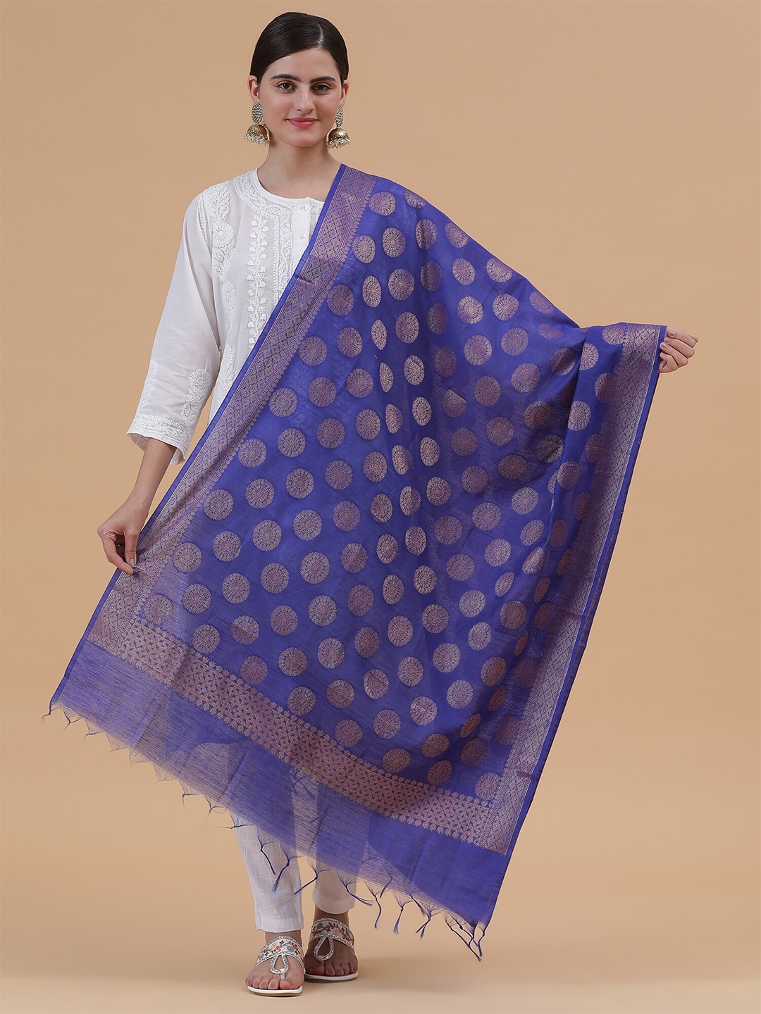 

BANJARA INDIA Ethnic Motifs Woven Design Zari Raw Silk Banarasi Dupatta, Blue