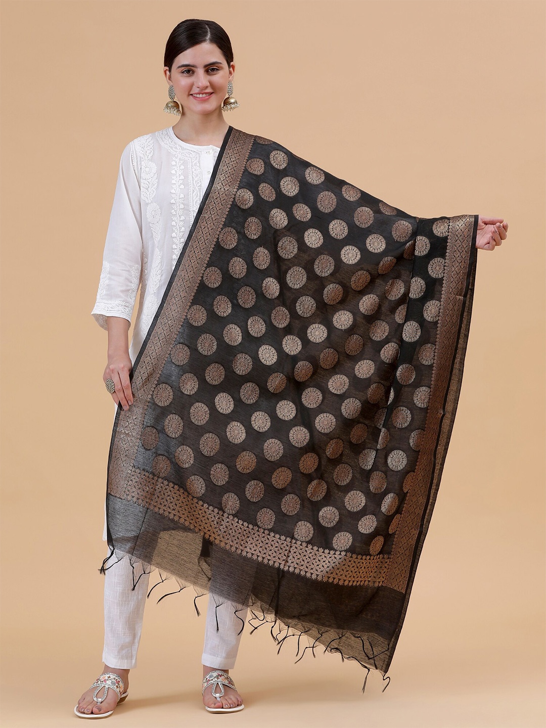 

BANJARA INDIA Ethnic Motifs Woven Design Zari Raw Silk Banarasi Dupatta, Black