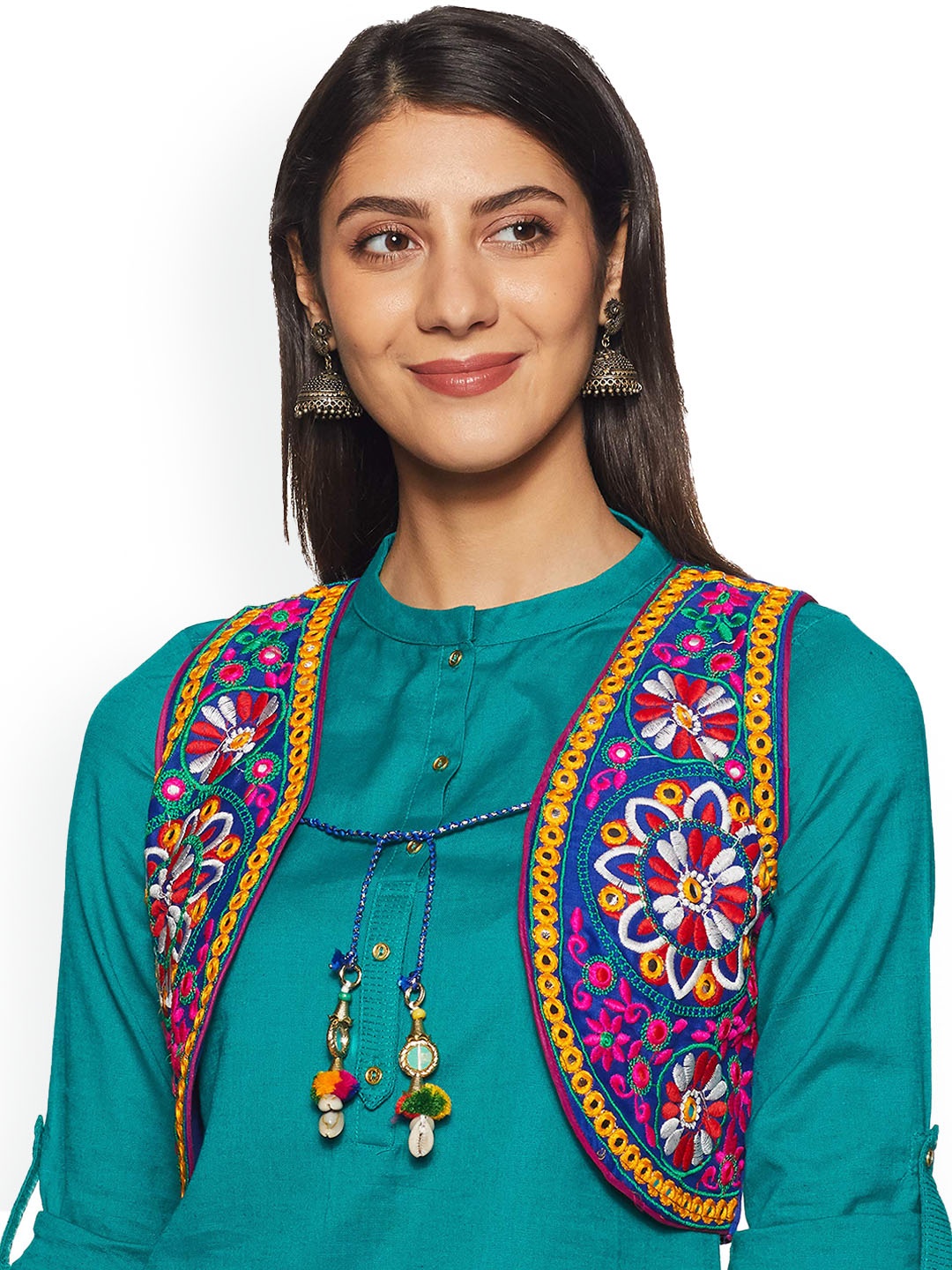 

BAESD Embroidered Cotton Crop Open Front Jacket, Blue