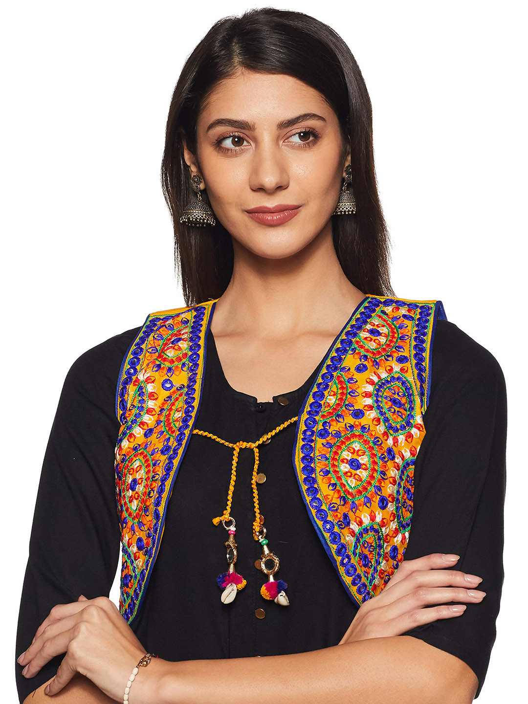 

BAESD Embroidered Cotton Crop Open Front Jacket, Yellow