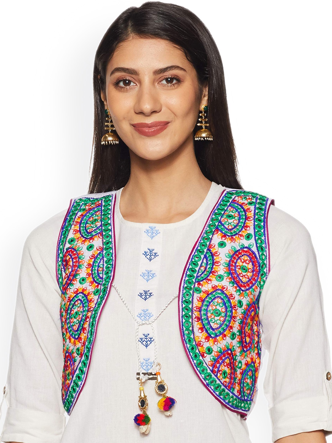 

BAESD Floral Sleeveless Crop Open Front Jacket Cotton With Embroidered, White