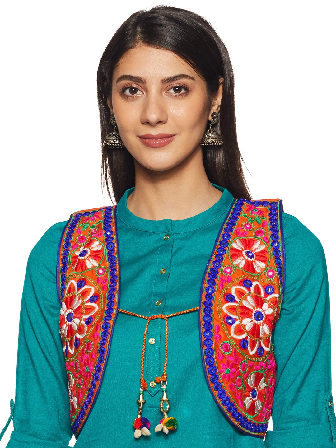 

BAESD Floral Sleeveless Crop Open Front Jacket Cotton With Embroidered, Orange