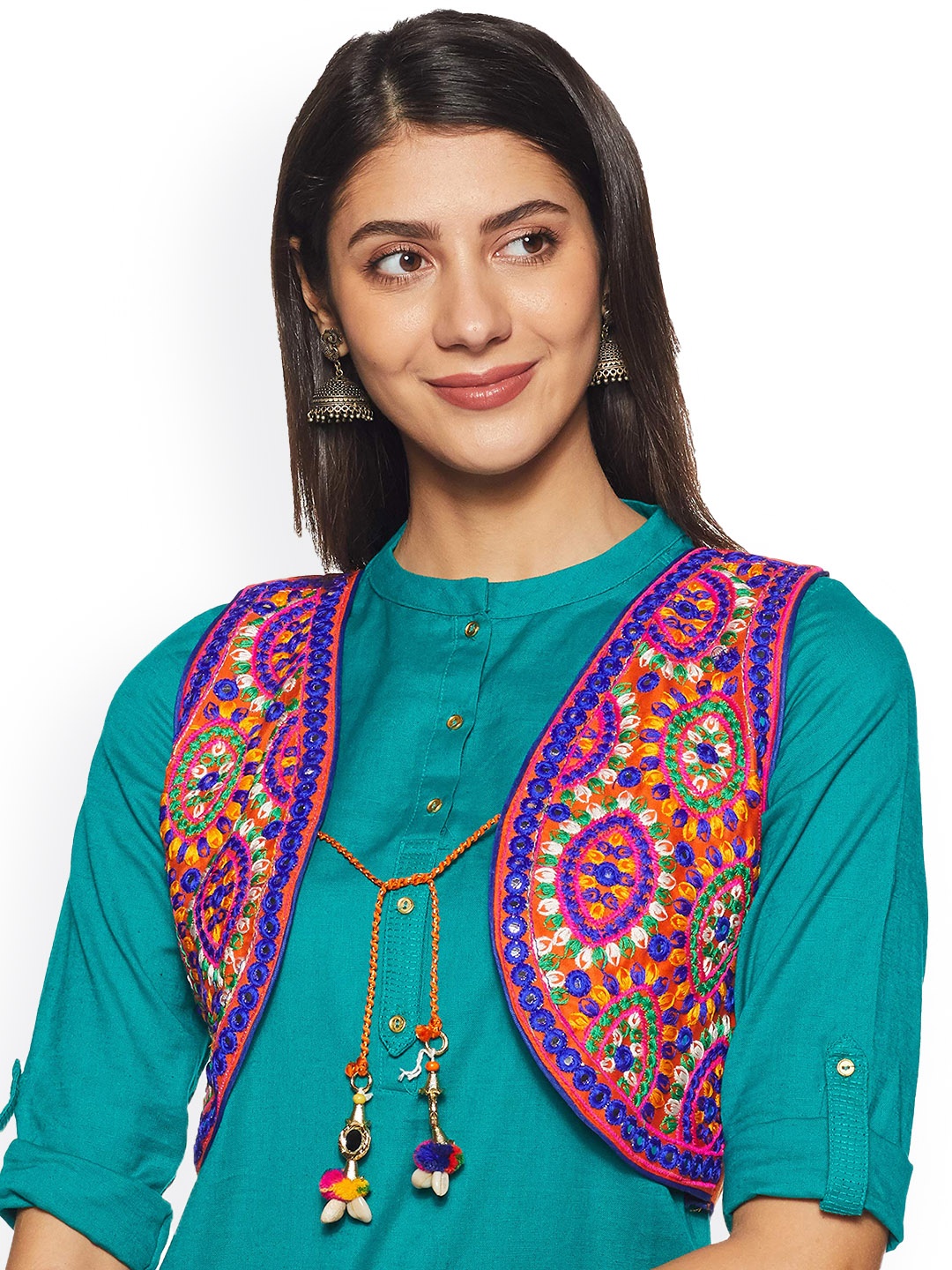 

BAESD Floral Sleeveless Crop Open Front Jacket Cotton With Embroidered, Orange