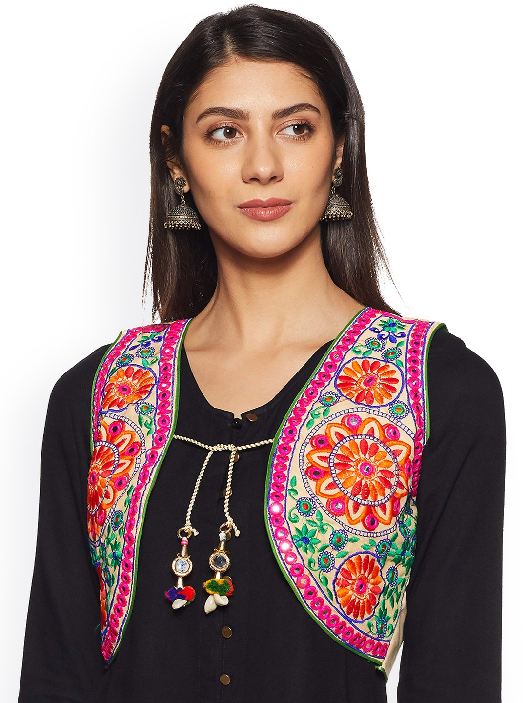 

BAESD Floral Sleeveless Crop Open Front Jacket Cotton With Embroidered, Beige