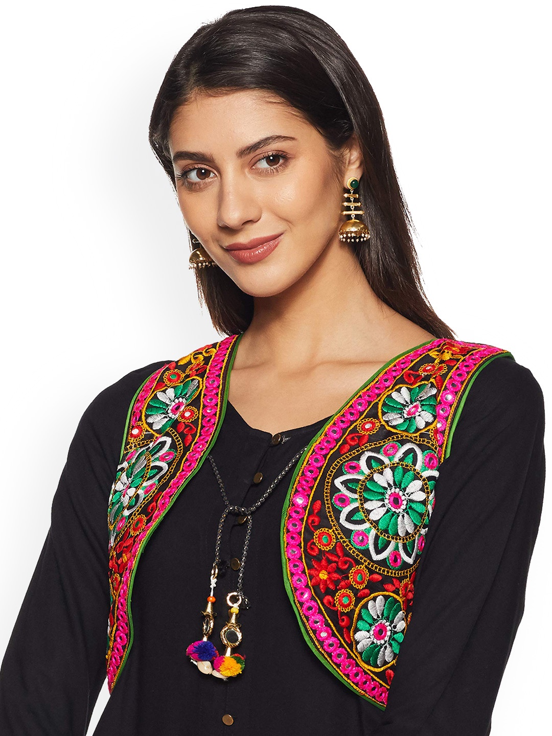 

BAESD Floral Self Design Cotton Crop Open Front Jacket, Black