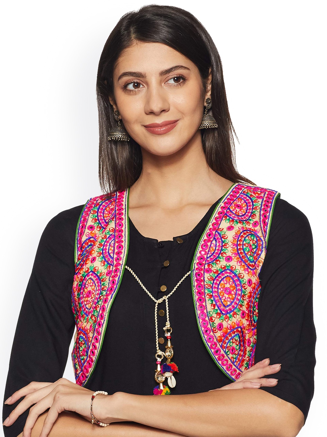 

BAESD Floral Self Design Cotton Crop Open Front Jacket, Beige