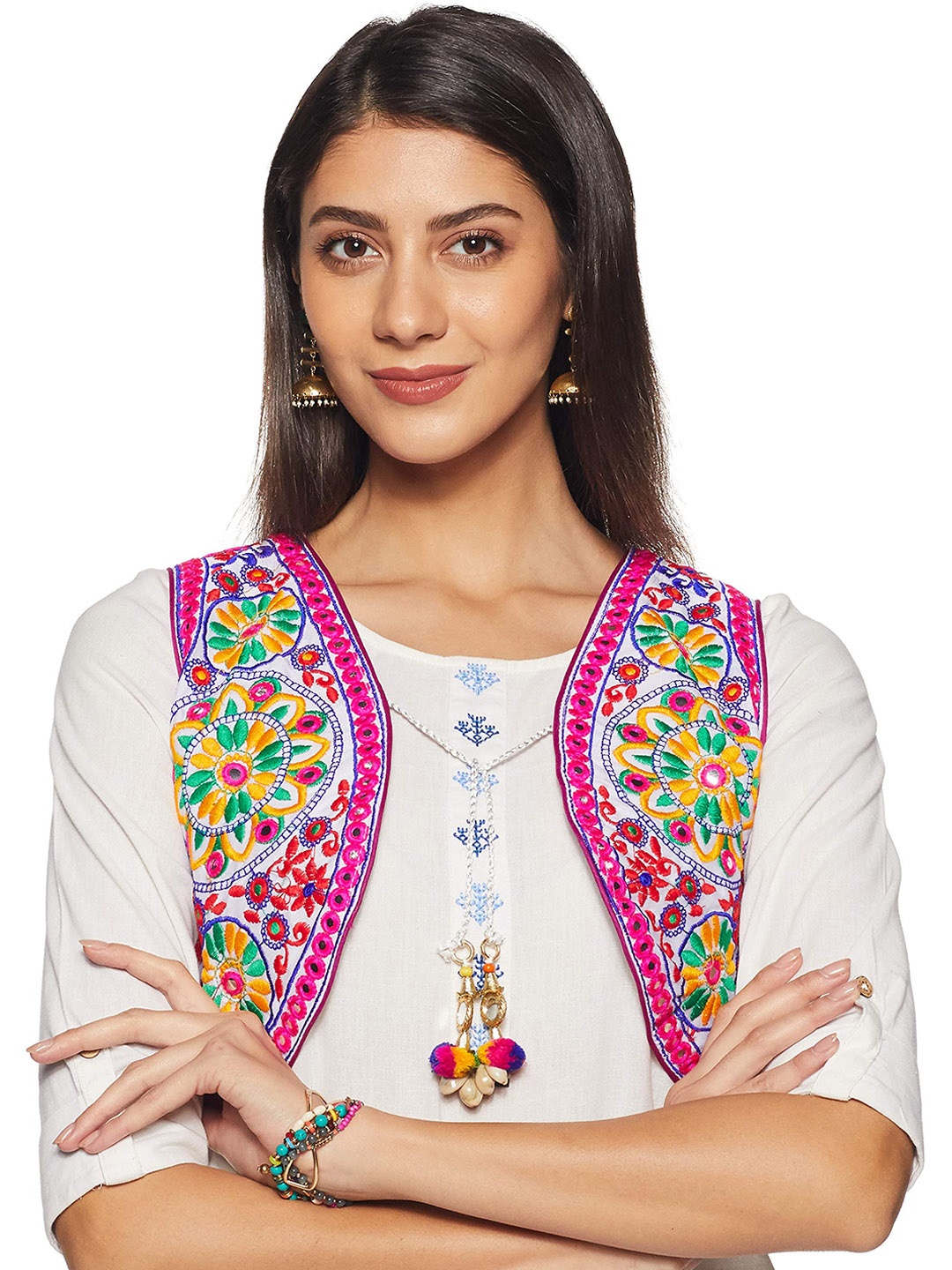 

BAESD Floral Self Design Cotton Crop Open Front Jacket, White