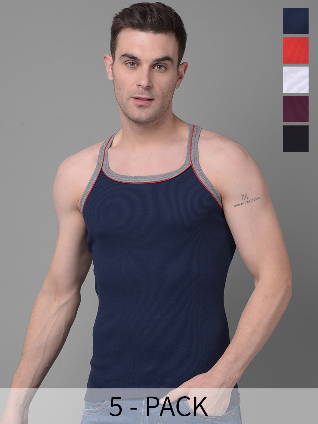 

Dollar Bigboss Pack Of 5 Assorted Cotton Innerwear Vests, Blue