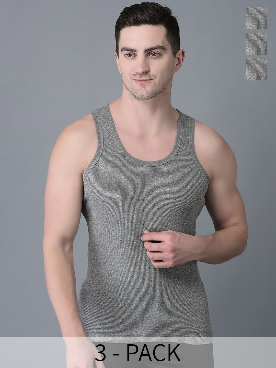 

Dollar Bigboss Pack Of 3 Sleeveless Innerwear Vests MBVE-06-DRBY-GM-PO3-S24, Grey