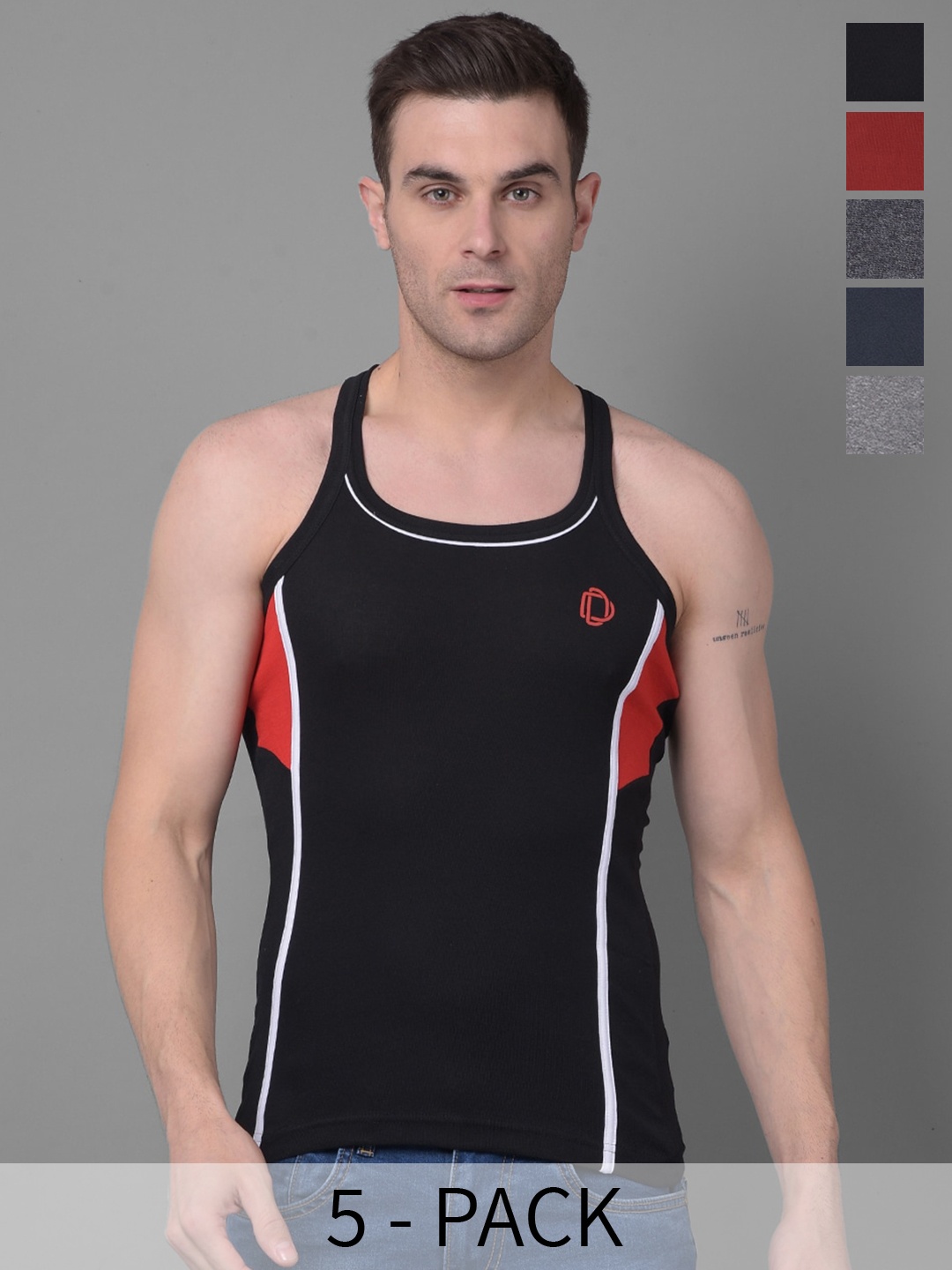 

Dollar Bigboss Pack Of 5 Assorted Cotton Racerback Styled Gym Vest- MBB-11-PO5-S24