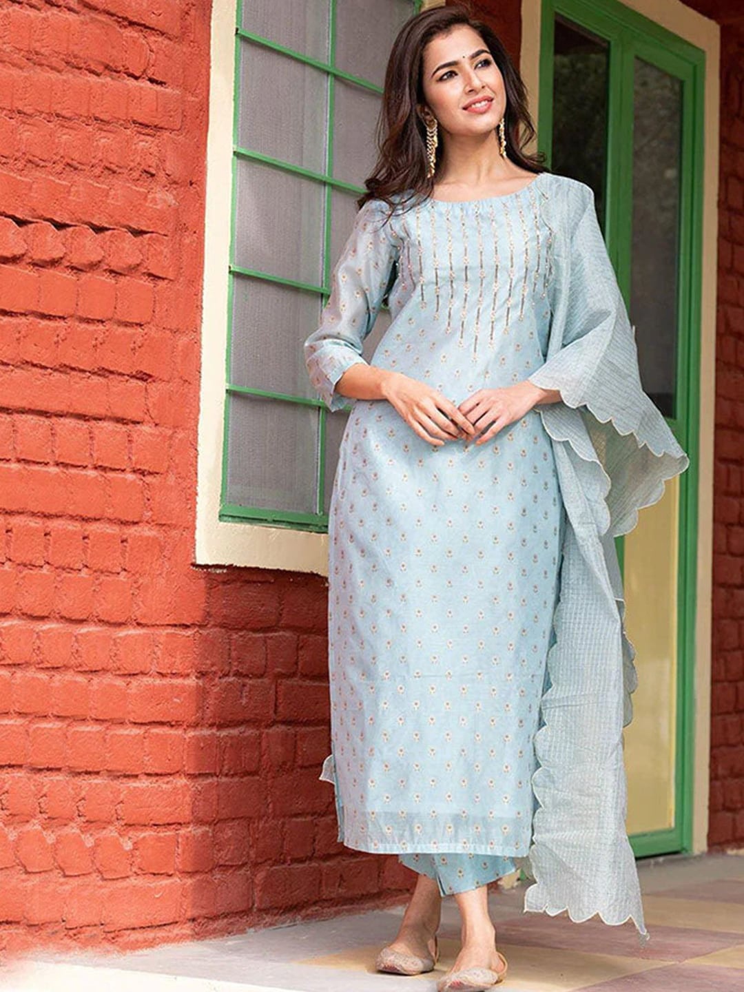 

Ambraee Ethnic Motifs Printed Regular Chanderi Cotton Kurta with Trousers & Dupatta, Blue