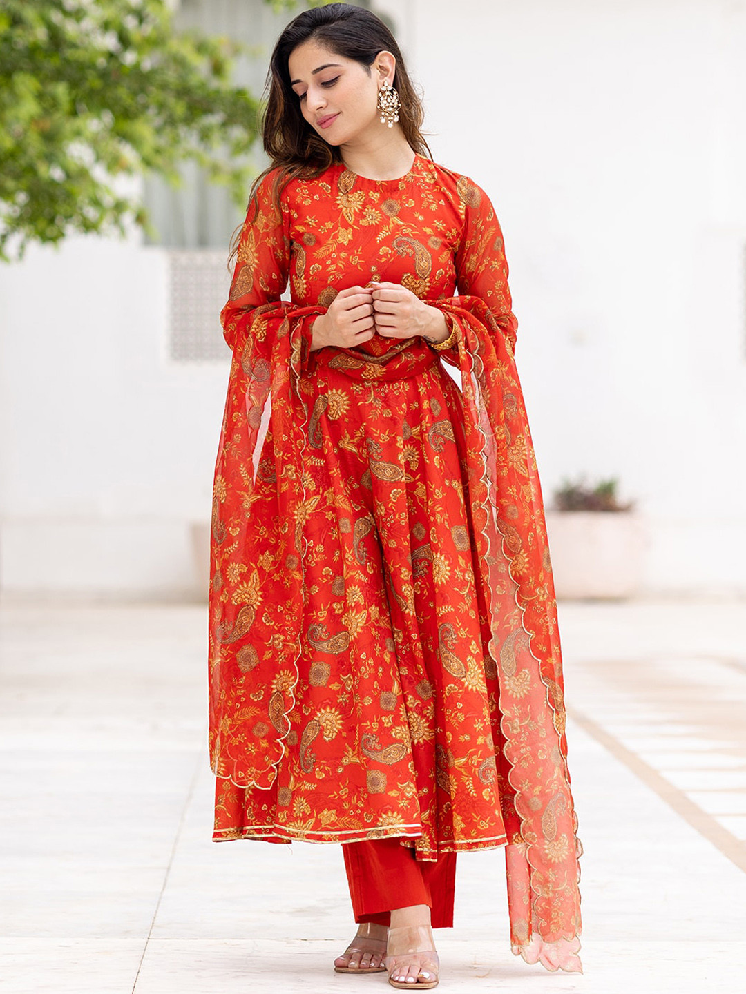 

Ambraee Floral Printed Anarkali Kurta with Trousers & Dupatta, Red