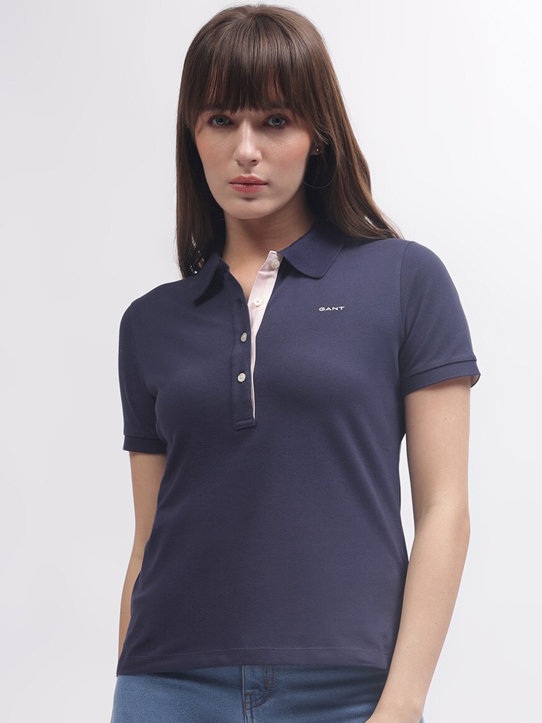 

GANT Women Solid Polo Collar Slim Fit T-shirt, Navy blue