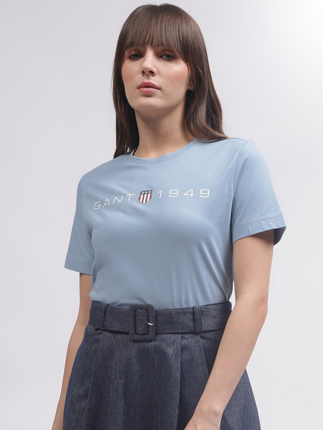 

GANT Women Brand Logo Print Round Neck Pure Cotton T-shirt, Blue