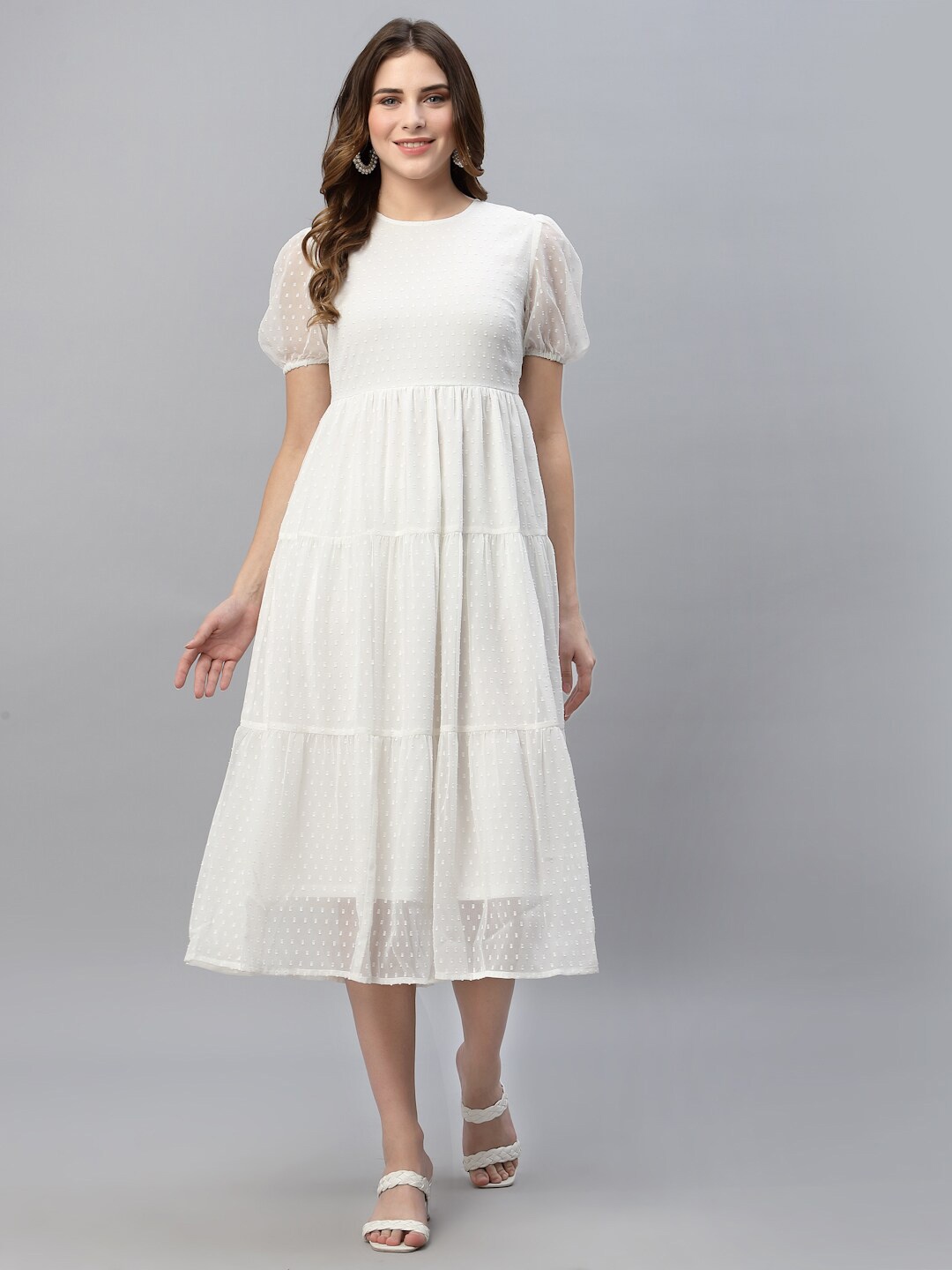 

HOUSE OF KKARMA Self Design Gathered Tiered Georgette Fit & Flare Midi Dress, White
