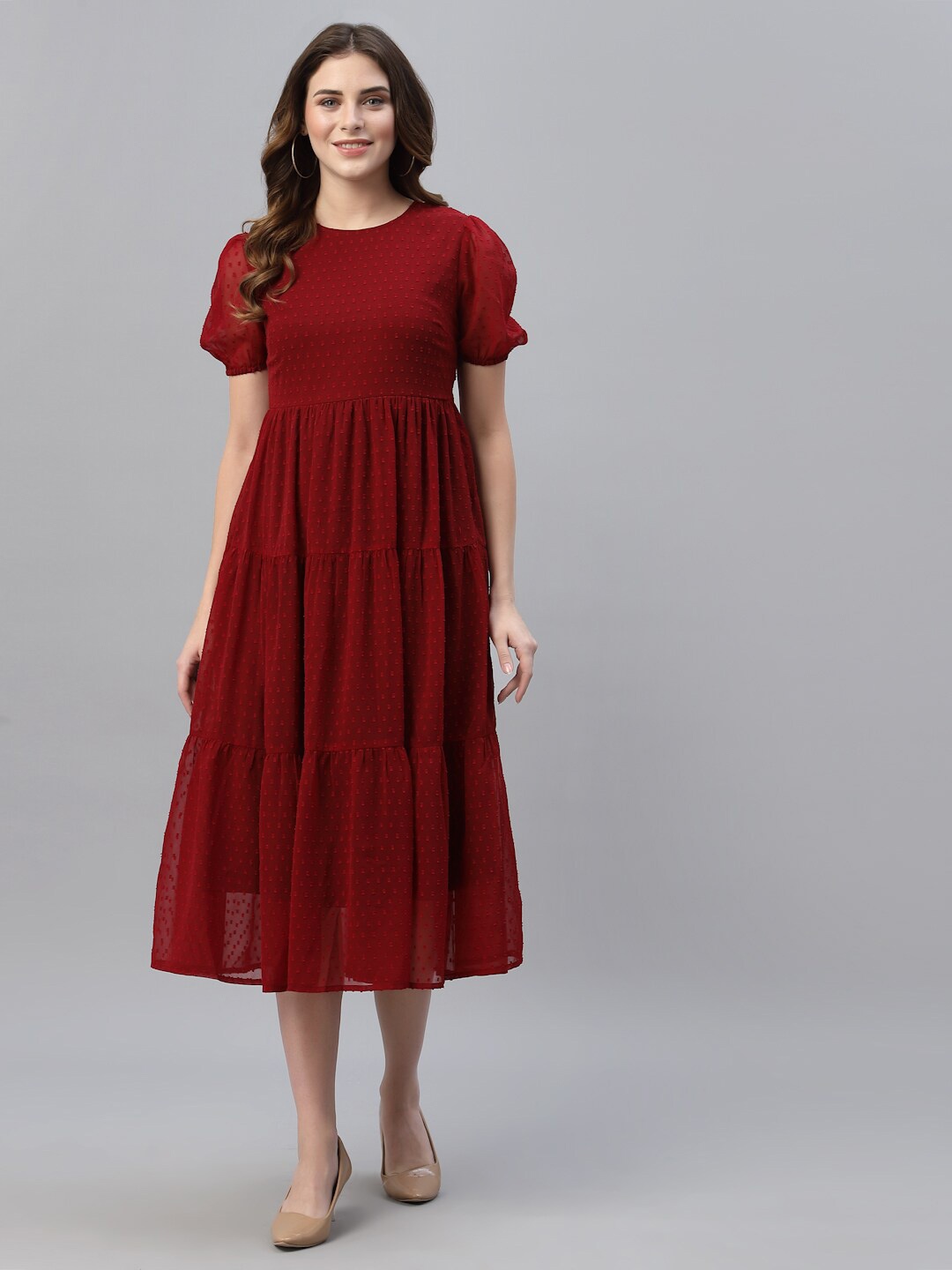 

HOUSE OF KKARMA Self Design Puff Sleeves Georgette Tiered Fit & Flare Midi Dress, Red