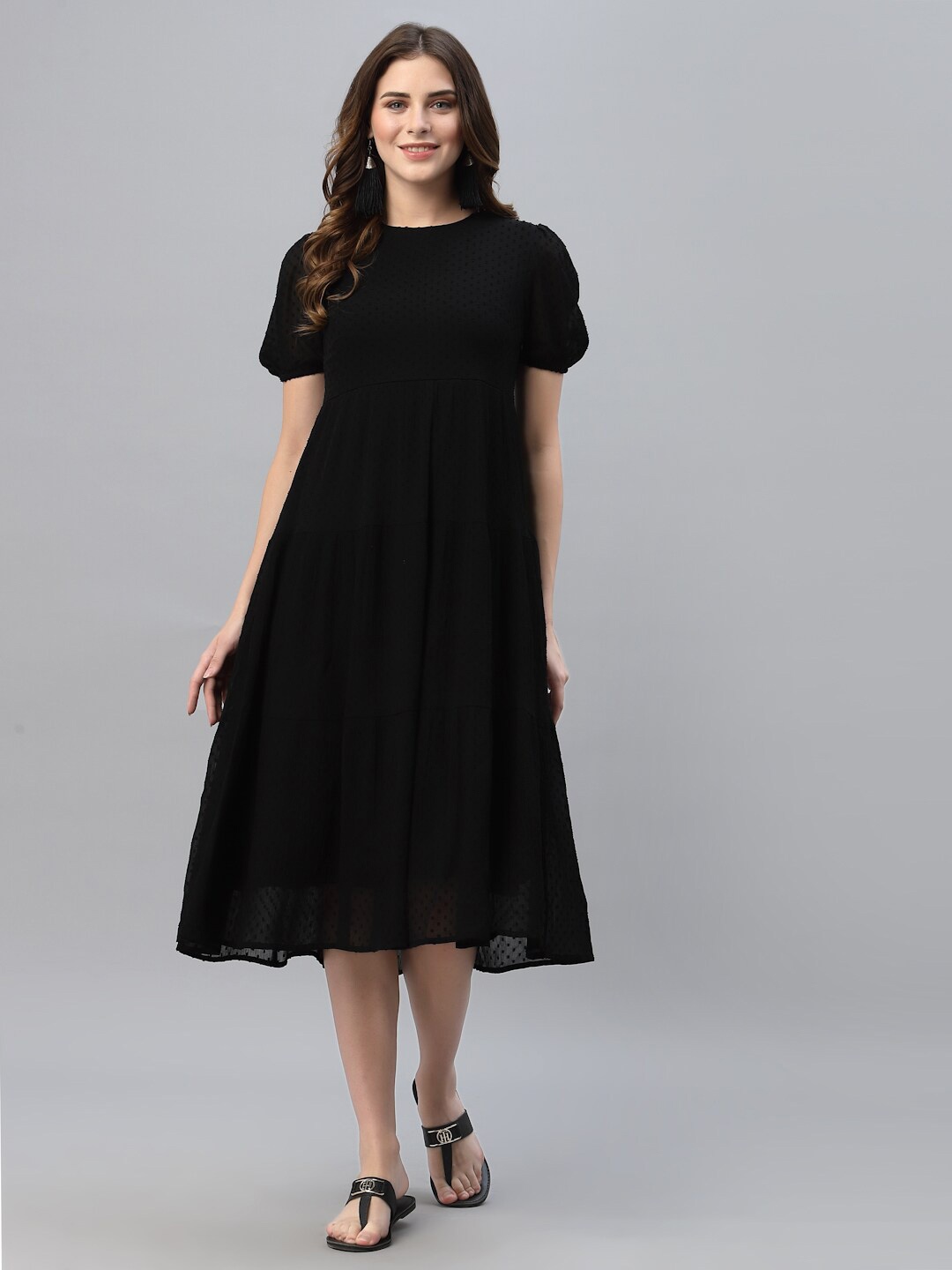 

HOUSE OF KKARMA Self Design Gathered Tiered Georgette Fit & Flare Midi Dress, Black