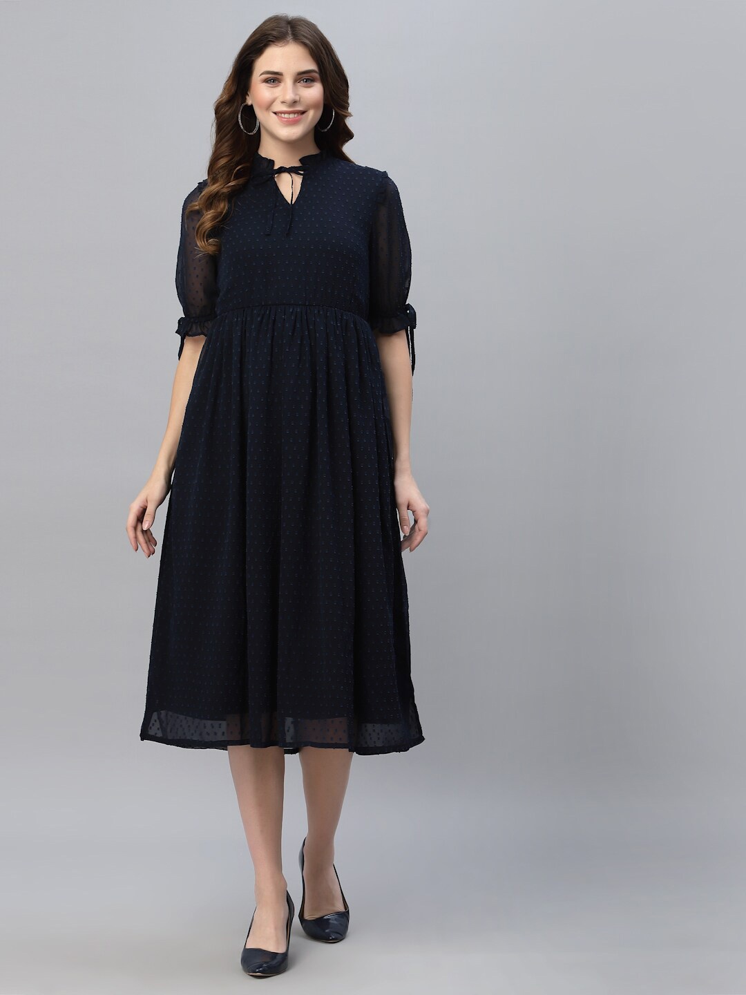 

HOUSE OF KKARMA Self Design Tie- Up Neck Georgette Fit & Flare Midi Dress, Blue