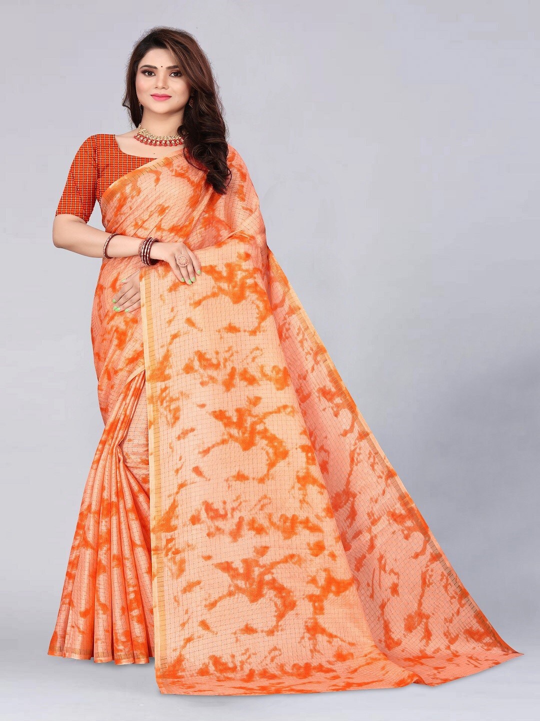 

mimi design Tie and Dye Kanjeevaram Saree, Orange