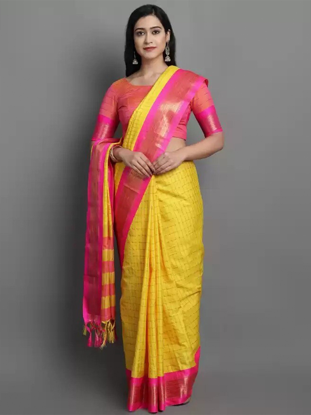 

mimi design Checked Woven Design Saree, Yellow