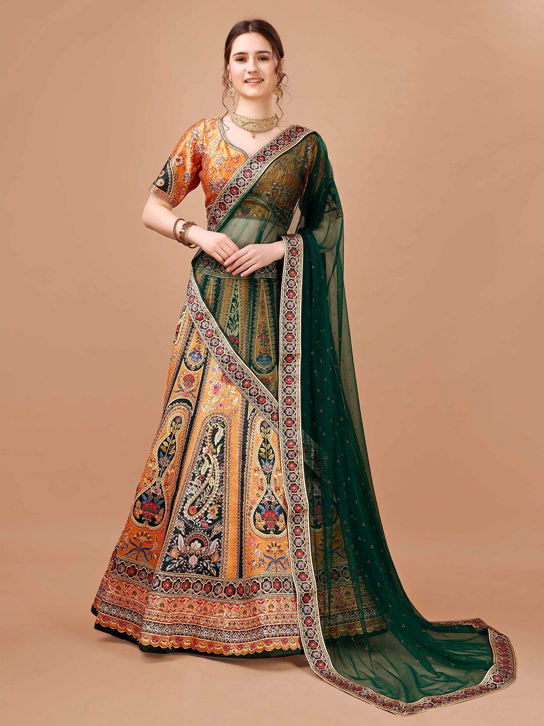 

SAPTRANGI Printed Sequinned Detailed Ready to Wear Lehenga & Blouse With Dupatta, Mustard