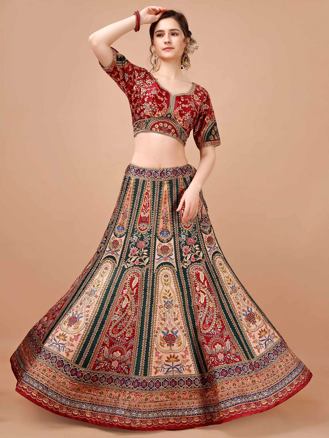 

SAPTRANGI Printed Sequinned Detailed Ready to Wear Lehenga & Blouse With Dupatta, Red