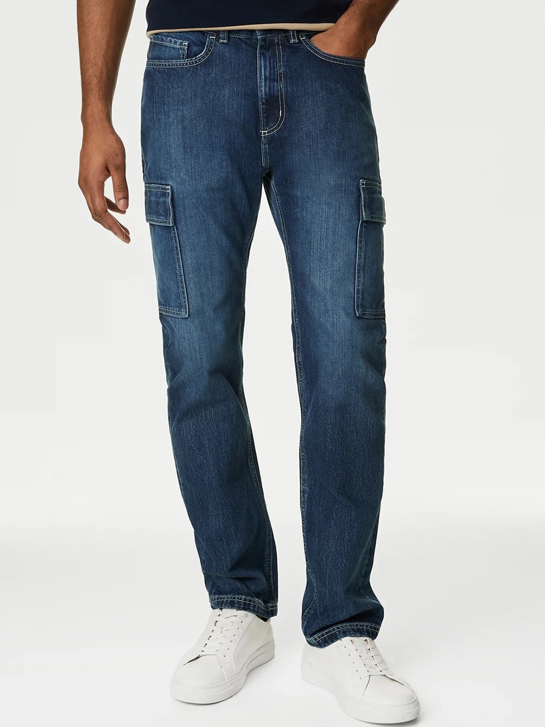 

Marks & Spencer Men Straight Fit Clean Look Light Fade Pure Cotton Denim Cargo, Blue